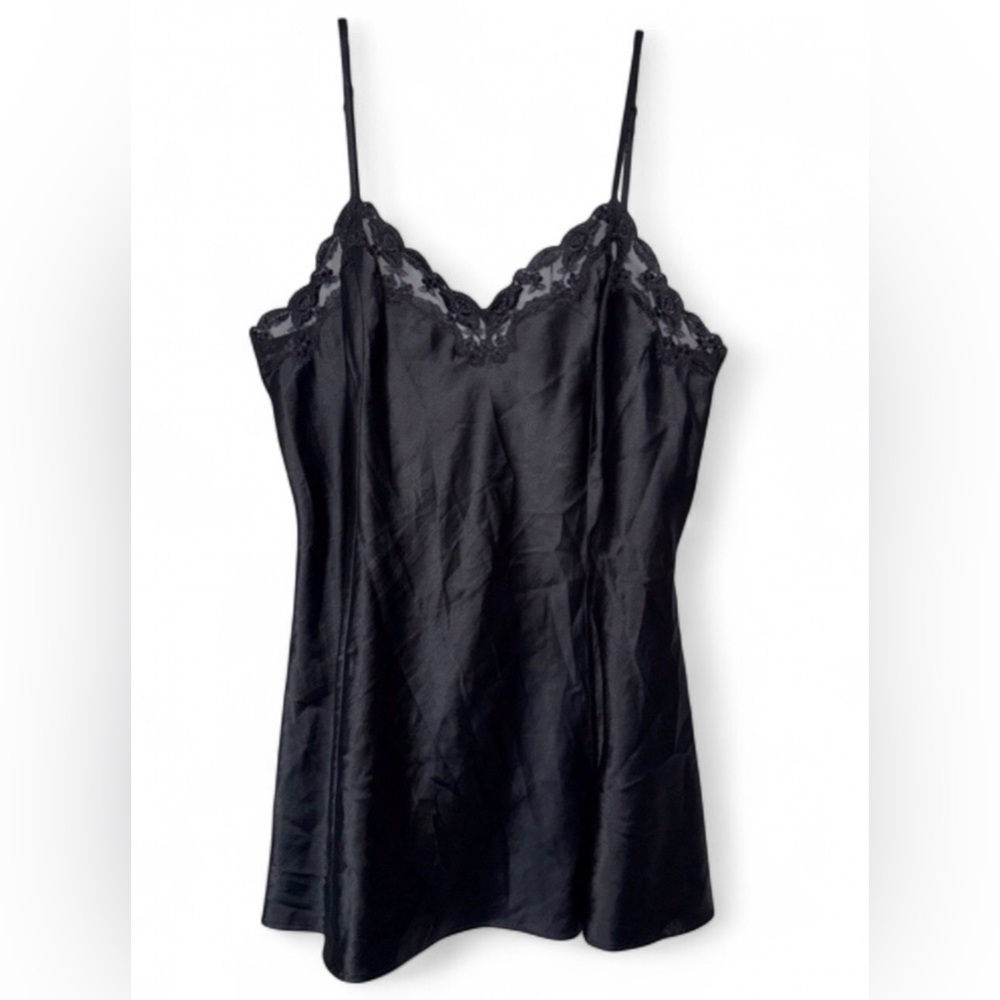 Victoria's Secret Black Satin Chemise Lace Trim Slip Dress L Vtg Y2K Lingerie